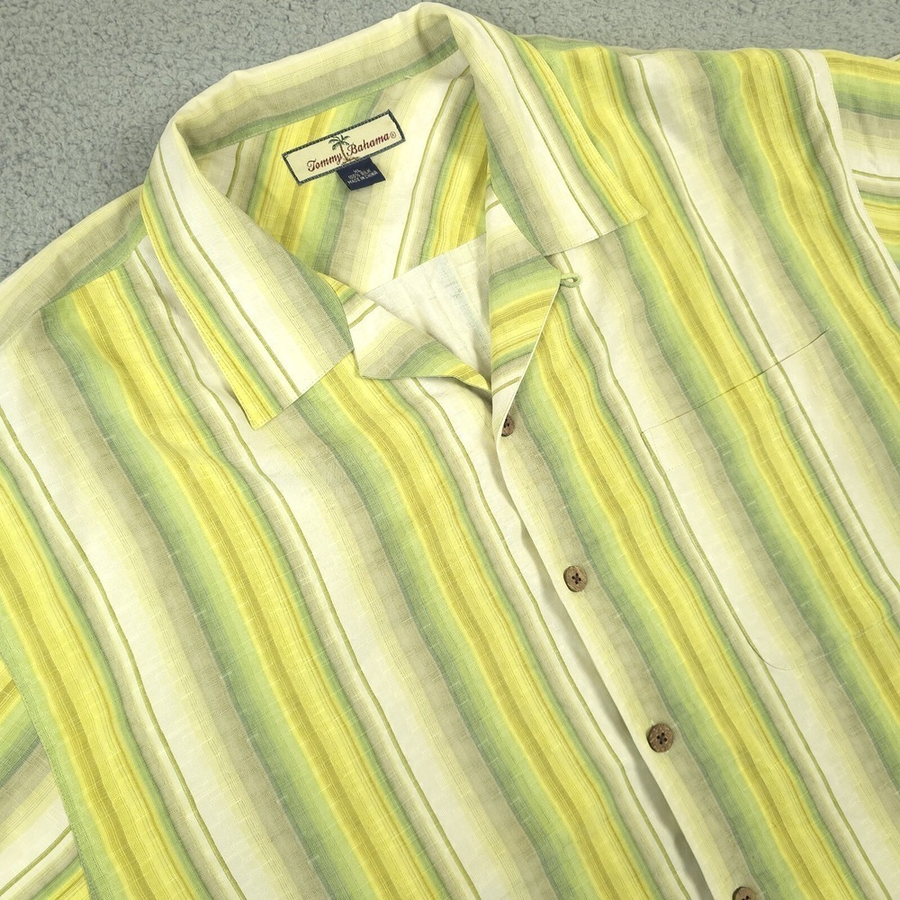 Tommy Bahama Hawaiian Shirt Mens XL 100% Silk Yellow Stripe‎ Short Sleeve Button